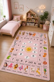 Resim NORELLAHOME Pembe Alfabe Hayvan Desenli Eğitici Çocuk Halısı Kaymaz Taban Yıkanabilir Oyun Halısı 