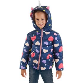 Resim Denokids Kız Çocuk Su İtici Lacivert Kapüşonlu Unicorn Desenli Mont 3 Yaş Uzun Kol 