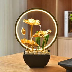 Resim Doğal Çakıl Taşlı Lotus Çiçeği Fıskiyesi için USB Güçlü LED - Oturma Odası, Yatak Odası veya Ofis İçin Şık Masa Dekoru - Altın Yapraklı ve Akışkan Su ile Sakinleştirici Atmosfer - Aile ve Arkadaşlar İçin Mükemmel Hediye 