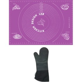 Resim Kitchen Design Lab 2'li Set Mor 45X65 cm Silikon Hamur Açma Matı ve Gri Silikon Yanmaz Mutfak Fırın Eldiveni 