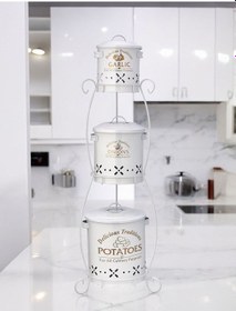 Resim Toptanfoni Üç Katlı Yuvarlak Sepetli Patates, Soğan Ve Sarımsak Saklama Kabı. Beyaz 