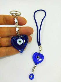 Resim cuaderno El Yapımı Cam Kalp Nazar Boncuğu Anahtarlık + Kalp Araba Süsü Dikiz Ayna Süsü Ikili Set Hediyelik 