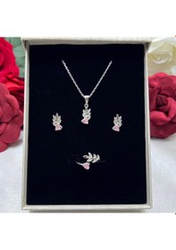 Resim Pembe Kalp Taşlı Yaprak Model Kadın 3'lü Set 925 Ayar Gümüş Zirkon Taşlı Gümüş 