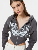 Resim Şardonlu Fermuarlı Kapşonlu Crop Sweatshirt Dar Kalıp Korse Görünümlü Baskılı 