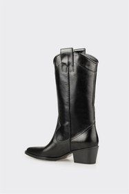 Resim Elle Siyah Deri Kadın Western Çizme 