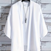 Resim Erkek Hafif Polyester Kimono Tarzı Hırka, 3/4 Kollu, Bol Kesim, Nefes Alabilen Yazlık Rahat Gömlek, Çok Yönlü Katlama Parçası, Elde Yıkama veya Kuru Temizleme, Japon Estetiği, Akışkan Kumaş, Çin Bedeni, Lütfen Boyut Kılavuzunu Dikkatlice Kontrol Edin 