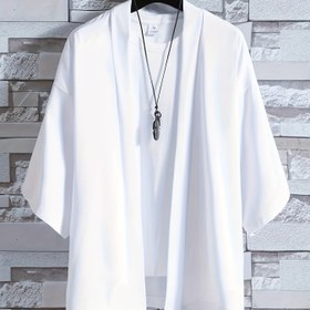 Resim Erkek Hafif Polyester Kimono Tarzı Hırka, 3/4 Kollu, Bol Kesim, Nefes Alabilen Yazlık Rahat Gömlek, Çok Yönlü Katlama Parçası, Elde Yıkama veya Kuru Temizleme, Japon Estetiği, Akışkan Kumaş, Çin Bedeni, Lütfen Boyut Kılavuzunu Dikkatlice Kontrol Edin 