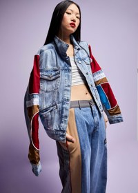 Resim Kadın Tint Kırmızı Renk Çift Parça Kumaş Oversize Özel Tasarım Denim Ceket - Tint / S 