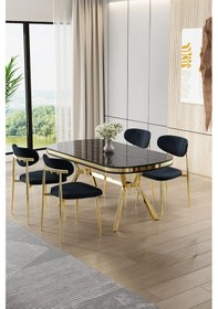 Resim Canisa Olya Serisi 90x168 Lak Panel Sonata Masa Takımı Gold Ayaklı 4 Antrasit Sandalye Sonata Masa Antrasit Sandalye 