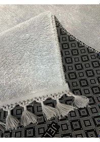 Resim Puffy Gri Oval Örgü Saçaklı Peluş Yumuşacık Yıkanabilir Kaymaz Taban Halı Salon Oturma Odası Gri 