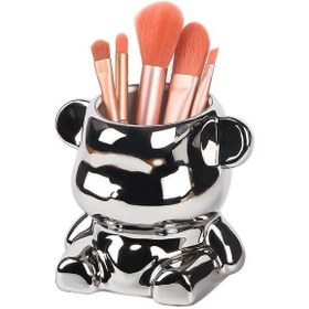 Resim Ganzhoushop Ayı Şekilli Kalemlik, Dekoratif Porselen Makyaj Fırçaları Düzenleyici Bardak, Beyaz Sukulent Saksılar, Sevimli Seramik Hayvan Kalemlik Gümüş 