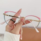 Resim Kadın Retro Metal Çerçeveli Gözlük - Pembe & Altın Detaylı, İki Tonlu Ekleme Moda Gözlük, Tam Çerçevesi Olmayan Gözlük 