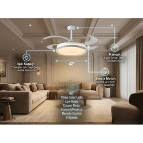 Resim Kumandalı Aydınlatmalı Tavan Vantilatörü - 3 Işık Modlu Sessiz Gizli Kanat Vantilatör ve Oda Vantilatörü 