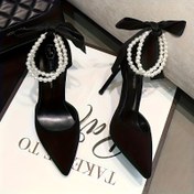 Resim Şık Stiletto Yüksek Topuklu Sandalet - Siyah Sivri Burun - Fiyonk Detaylı 