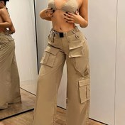Resim Kemer Dizeleri ile Kadınlar için Yüksek Belli Kargo Pantolonları - Rahat Sokak Stili, Çoklu Cep, Bej Polyester, Rahat ve Şık, Her Mevsim Pantolonları | Sokak Stili Pantolonları | Polyester Kumaş 