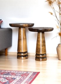 Resim ASELYA HOME Doğal Ahşap 2’li Set Mantar Yan Sehpa Modern Fiskos Zigon Çiçeklik 