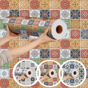 Resim Bohemian Tile Sticker Roll | 40.01cm x 200.0cm Kendinden yapışkanlı vinil | Çok renkli mandala deseni | Su geçirici ve yağ geçirmez | Mutfak, banyo, TV duvarı ve dolap yenilemesi için ideal, duvar kağıdı rulosu 