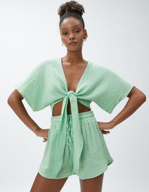 Resim Koton Crop Yoga Tişört Müslin Kimono Görünümlü Bağlama Detaylı Yeşil 3sak10004nw 3SAK10004NW790 Yeşil 