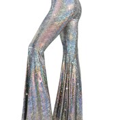 Resim Kadınlar için Yüksek Beli ve Renkli Metalik Holografik Baskılı ve Fırfır Etekli Pantolonlar - Gece Kulübü, Parti, Günlük Dışarı Çıkışlar için Esnek Polyester-Spandeks Karışımı - Şık Özel Koleksiyon, Günlük Giyim | Göz Alıcı Zilli Pantolonlar | Holografik Tasarım 