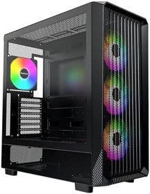 Resim Montech X5 ATX Mid-Tower oyun bilgisayarı, yüksek hava akımı 3 x 140 mm ve 1 x 120 mm ARGB vantilatör, cam yan panel, karbon baskı vurguları, GPU tutucu dahil, siyah 
