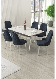 Resim Canisa Nis Serisi 89x150 Açılabilir Lak Panel Beyaz Mermer Desen Masa Takımı 6 Antrasit Sandalye Beyaz Mermer Desen Masa Sandalyeler Antrasit 