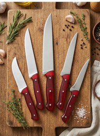 Resim Lazoğlu Crimson Chef Profesyonel 5 Parça Mutfak Bıçak Seti Kırmızı 