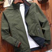 Resim Erkekler için Günlük Kullanım Dik Yaka Fermuarlı Ceket - İki Tonlu Bej & Lacivert, Hafif Polyester, Normal Kesim, Makinede Yıkanabilir, Kabartmalı Manşetler ve Fermuarlı Cepler ile Şehir Stili, Softshell Yapısı 
