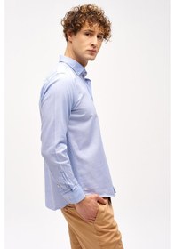 Resim Mavi Dynamic Fit Düğmeli Yaka Düz Uzun Kollu Cepsiz Pamuklu Gömlek-16290 Mavi 