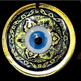 Resim Lale Desenli Nazar Boncuklu Altın Rengi Füzyon Cam El İşçiliği 12x12 Cm Duvar Süsü 