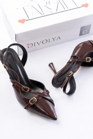 Resim Divolya Pony Kahverengi Rugan ( 8 CM TOPUKLU ) Sivri Burun Kapalı Tokalı Arkası Açık Stiletto Ayakkabı 