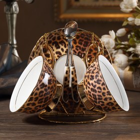 Resim 2 adet, Avrupa tarzı leopar desenli kahve fincanı, tabak, kaşık seti, set içeriği: 2 fincan, 2 tabak, 2 kaşık, kolay saklama ve yerleştirme için fincan tutuculu, bone china malzeme, öğle çayları ve kahve için, posta siparişi seti, 200ml/7.03oz 