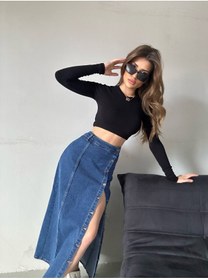 Resim Swet Shop Jeans Kadın Önü Düğmeli Uzun Boy Koyu Mavi Likralı Kot Etek 