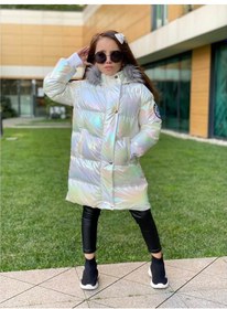 Resim Quzucuk Kids 3 Çınar Kız Çocuk Petrol Beyaz Uzun Şişme Mont Bej 