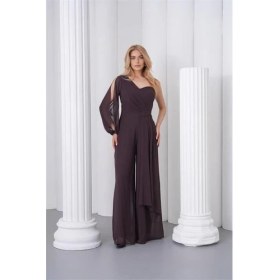 Resim Neşeli Butik Kadın Kahverengi Tek Kol Astarlı Tül Kumaş Tasarım Abiye Tulum NBS9389 