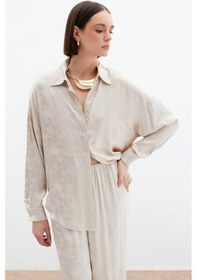 Resim Jakarlı Saten Gömlek - Bej-136037 Bej 