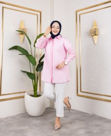 Resim Eliva Kadın Pembe Pudra Terikoton Gizli Düğmeli Boyfriend Tesettür Gömlek 