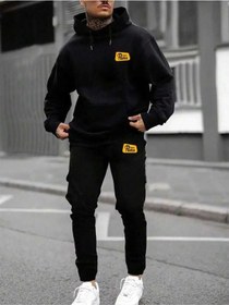 Resim Pens Yazılı Kışlık Alt Üst Takımı Sweatshirt Eşofman Altı - Siyah Baskılı Oversize Kapüşonlu Siyah 