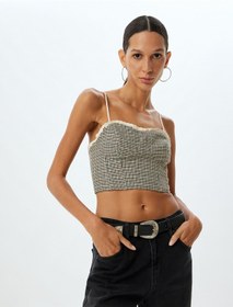 Resim Koton Askılı Crop Büstiyer Kalp Yaka Dantel Detaylı Slim Fit Kahverengi Ekose 5wak30002ew 