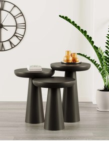 Resim Simillo Home&Living Wood Ahşap Siyah Renk Konik Model 3 lü Set Mantar Yan Sehpa Fiskos Çiçeklik Decorative 