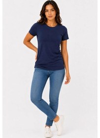 Resim Kadın Basic Tişört Bisiklet Yaka Kısa Kol Günlük Yazlık Slim Fit T-shirt - Lacivert 