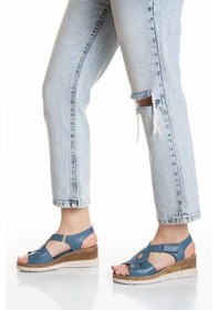 Resim İç Dış %100 Hakiki Deri Dolgu Taban Kadın Sandalet Mavi 
