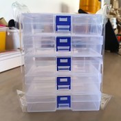 Resim 5 adet Şeffaf Plastik Depolama Kutusu, Ofis Malzemeleri, Aksesuarlar, Kartlar, Stickerlar, Küpeler ve Boncuklar için Taşınabilir Çok Fonksiyonlu Küçük Öğeler Düzenleyici 