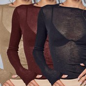 Resim 3 Parça Kadın Esnek Şeffaf Uzun Kollu Yuvarlak Yaka Dar Kesim Tişört Takımı 668T-3 