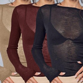 Resim 3 Parça Kadın Esnek Şeffaf Uzun Kollu Yuvarlak Yaka Dar Kesim Tişört Takımı 668T-3 