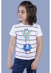 Resim Toontoy Kids Toontoy Erkek Çocuk Çizgili Canavar Baskılı Tişört Beyaz 