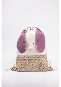 Resim Fabric Craft Bag Çocuk Sırt Çantası Çiçek Desenli Figürlü Bez Model 33x44 Cm Astarlı Krem - Mor 