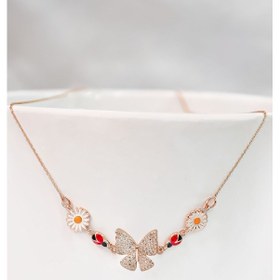 Resim 925 Ayar Gümüş Rose Kaplama Mineli Papatya Uğur Böceği Kelebek Kolye UVPTS100492 