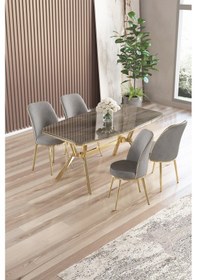 Resim Canisa Lena Serisi 90x160 Lak Panel Antrasit İroni Gold Kaplama Ayaklı Masa Takımı Ve 4 Gri Sandalye Antrasit İroni Masa Gri Sandalye 