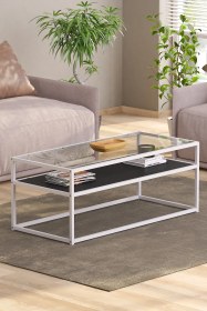 Resim Modern Metal Iskeletli Temper Camlı 2 Katlı Dikdörtgen Orta Sehpa Siyah-beyaz-şeffaf 