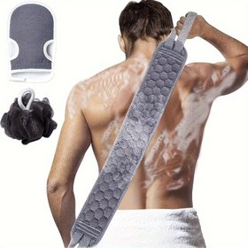 Resim 3'lü Peeling Vücut Temizleme Seti - Ergonomik Sırt Temizleyici, Dokulu Banyo Eldiveni & Lufa Süngeri İçerir - Derinizi Derinlemesine Temizleyin & Canlandırın, Yağsız - Erkekler & Kadınlar için Duş veya Banyo için İdeal, Duş Temelleri|Güvenli Tutuşlu Temizleyici|Etkili Cilt Temizliği, Peeling Banyo Eldivenleri 